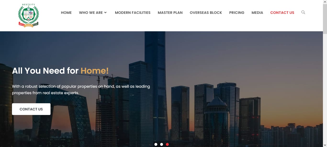 Nest City project website home page with menu items for facilities, master plan, overseas block and pricing